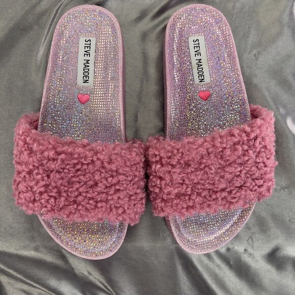 Steve Madden JEHEARY Fur Slides Girls 4M Sandals Pink Glitter Sparkles Hearts - Picture 13 of 15
